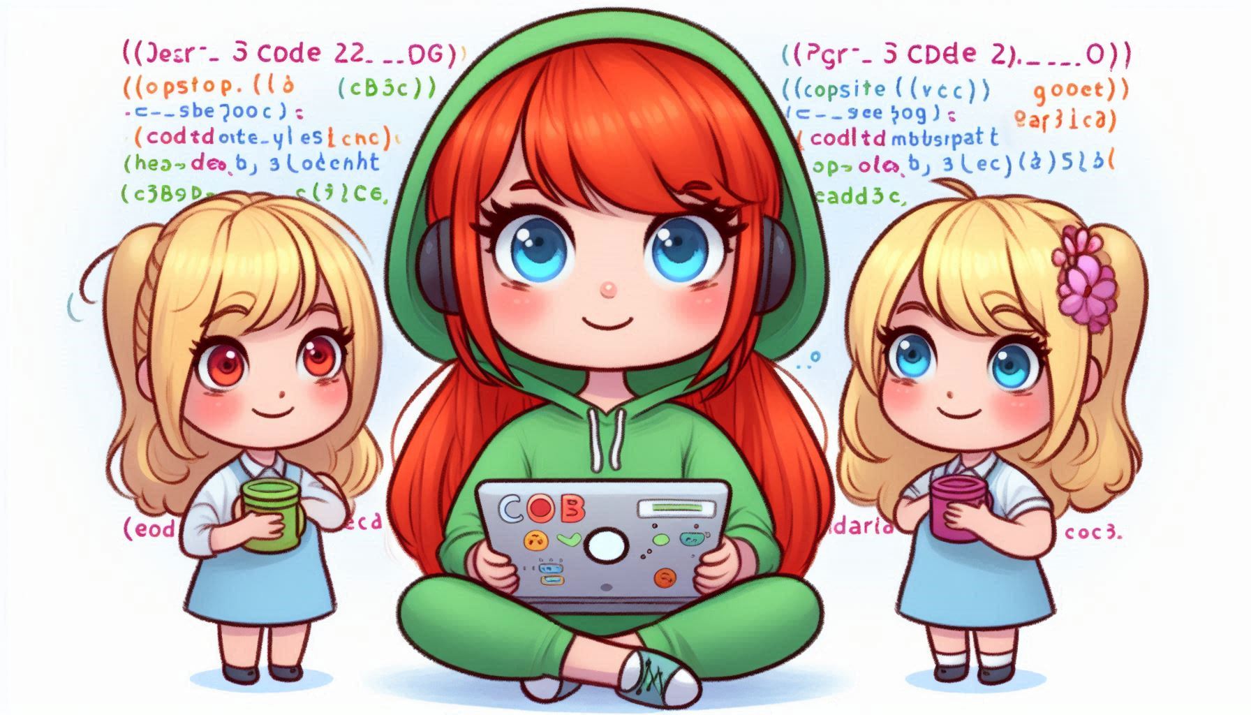 A cartoon of a mother and her two kids smiling while the mother is coding